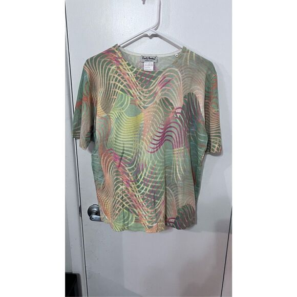 Paolo Zodesco Women's Wavy Pattern Short Sleeve Multicolor Casual Tee Size L - Picture 2 of 11